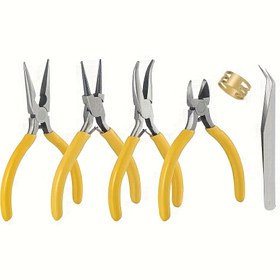 Resim 6 parça/1 set, ince uçlu pense, kavisli pense, yuvarlak uçlu pense, açık uçlu anahtar ve cımbız içeren sarı pense takımı, başlangıç seviyesi için uygun ev aletleri 