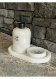 Resim Beyaz Mermer Sıvı Sabunluk, Oval Tepsi. Katı Sabunluk 3'lü Set Siyah Aksesuarlı Beyaz 