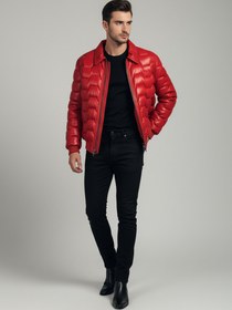 Resim Toskana Design Kırmızı Fermuarlı Erkek Puffer Deri Ceket | 200-4036 - Kırmızı / 3XL 