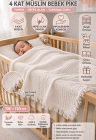 Resim TECHTACT 4 Kat Müslin Bebek Pike, 100x130 Püskül Detaylı, Pamuk, Nefes Alan Yumuşak Doku, Bebek Örtüsü 