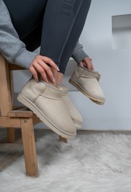 Resim Kadın / Kız Bej Ultra Mini Ugg Model Süet Yarım Bot Içi Kürklü Tüylü Düz Taban Bot & Bootie 