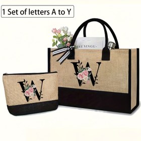 Resim 2'li Set, Baş Harfli Tote Çanta ve Makyaj Çantası Hediye Paketi - Düğün, Doğum Günü, Plaj, Tatil İçin Uygun, Kadınlar, Anneler, Öğretmenler, Nedimeler, Öğrenciler İçin Harika Hediye, Büyük Boy Çanta 