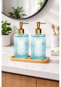 Resim Ahşap Standlı 2 Li Cam Sıvı Sabunluk 500 Ml Modern Banyo Ve Mutfak İçin Dekoratif Cam Sabunluk Seti Açık Yeşil 