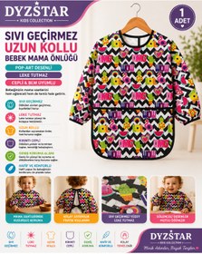 Resim DYZSTAR Sıvı Geçirmez Uzun Kollu Bebek Mama Önlüğü Pop-Art Desenli Leke Tutmaz Cepli BLW Uyumlu Beslenme Önlüğü 