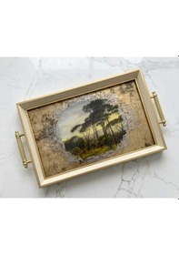 Resim Orman Desenli Dekoratif Tepsi & Krem Gold Çerceveli Kulplu Çay Kahve Sunum Tepsisi 