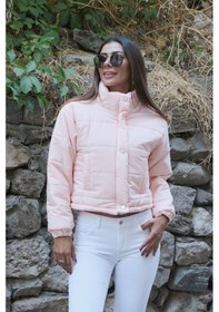 Resim Keyifli Moda Kadın Pudra Dik Yaka Çıtçıtlı Fermuarlı Kısa Şişme Mont - 38 Pudra 