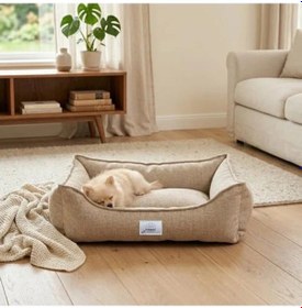 Resim Krem Renk Dokuma Kedi & Köpek Yatağı - Çıkarılabilir İç Minderli Açik Mavi 