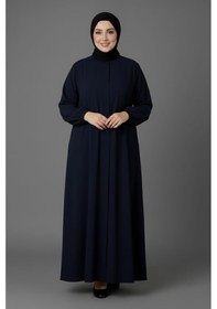 Resim Mismoly Medine İpeği Mevlana Kesim Cepli Kuşaklı Bol Büyük Beden Ferace Lacivert 