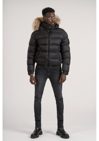 Resim Slimfit Kürklü Kapşonlu Kürk Ve Kapşon Çıkmalı Beli Lastikli Şişme Mont Siyah 