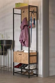Resim Reyo Falez Portmanto Metal Ahşap Askılık, Mini Vestiyer, Ayakkabılık, Çam, 180x64x34 cm, 6 Askılık, Kapaklı Bölmeli 