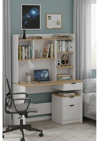 Resim Harmony Raflı, Çekmeceli Çalışma Masası + Keson Beyaz - Cadiz Antrasit 