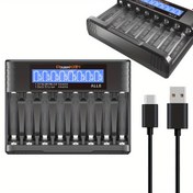 Resim PowerKAN 8 Yuvalı AA & AAA Pil Şarj Cihazı, Ni-MH/Ni-CD/Li-ion Uyumlu, USB-C Kablosu Dahil, Dijital Ekran, Yüksek Hızlı Şarj, Siyah, Taşınabilir Şarj Cihazı 