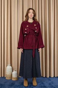 Resim Soul Kadın Broş Detaylı Kısa Trench - 32405 - BURGUNDY 