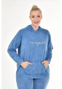 Resim Kadın Büyük Beden İtalyan Yıkama Mavi Kapşonlu Sweatshirt Mavi 