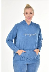 Resim Kadın Büyük Beden İtalyan Yıkama Mavi Kapşonlu Sweatshirt Mavi 