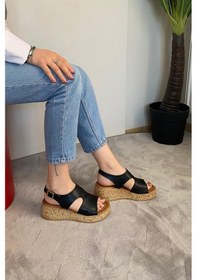 Resim Kadın Tinge Siyah Cilt Kalın Mantar Taban Ortopedik Sandalet K-250 Siyah 