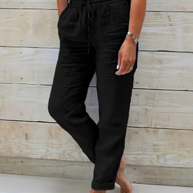 Resim Kadınlar için Rahat Düz Renkli Bağcıklı Bel Pantolonu - Bol Kesim, Düz Bacak, Hafif Bej Renk, Rahat Polyester Kumaş, Günlük Giyim için Konforlu, Her Gün Kullanıma Uygun | Rahat Kesim Pantolon | Parlak Dokulu Pantolon 