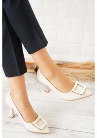 Resim Feles Kare Toka Detaylı Stiletto Kadın Topuklu Ayakkabı Bej 