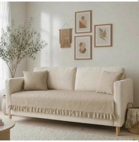 Resim Fırfırlı Keten Koltuk Örtüsü Kırlentli -bej 
