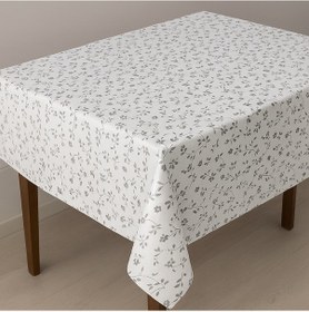 Resim Gri Çiçek Desenli Pvc Elyaflı Masa Örtüsü Beyaz Zeminli 140x180 