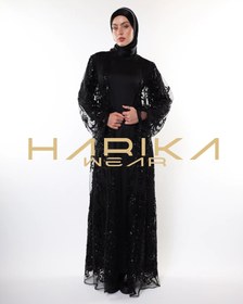 Resim Parlak kristallerle işlenmiş tül kumaştan tasarlanmış siyah ferace - 2XL 