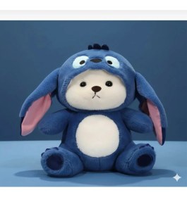 Resim Ziventa Stitch Kostümlü Küçük Sevimli Ayı Peluş Bebek Oyuncak Kıyafetli Kapüşonlu Açılır Şapka Puffy Hug 