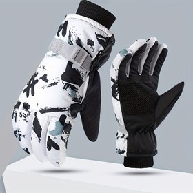 Resim Erkek Kış Kayak Eldivenleri, Kaymaz, Kalınlaştırılmış Polarlı Sıcaklık için Açık Hava Bisikleti ve Kayak, Beyaz Siyah Grafiti Tasarımı ile, Polyester Malzeme, Çekme Kapatma, Kayak Eldivenleri 