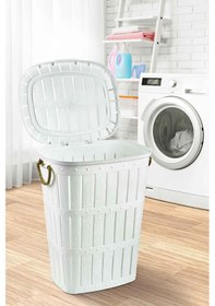 Resim Bambu Halatlı Ahşap Görünümlü Çamaşır Sepeti 62 Lt - Beyaz 