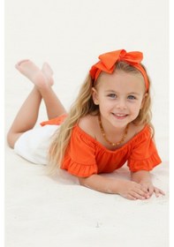 Resim Kız Çocuk Sunny Turuncu Madonna Yaka Şortlu Bandana Alt Üst Takım Tkm-0132.11 Krem - Turuncu 