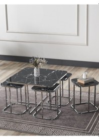 Resim Pelikan 4+1 Siyah Mermer Temperli Cam Gümüş Metal Ayak Takım Sehpa Sedaş Living Units Sehpa 