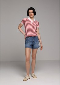 Resim Colin's Colins Slim Fit Polo Yaka Çizgili Kadın Kirmizi Kısa Kol Tişört Cl1080513 Q1.v1 Red Kırmızı 