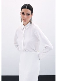 Resim Sateen Payet Detaylı Klasik Gömlek - Ekru 
