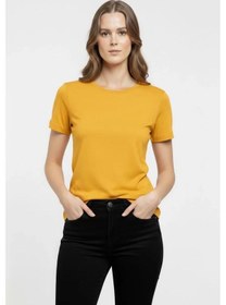 Resim Essence Sarı Bisiklet Yaka Slim Fit Kadın Tişört - Günlük Basic Body 