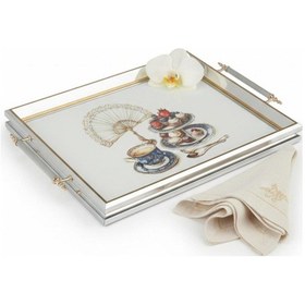 Resim Gümüş Çerçeveli Çay Ve Tatlı Temalı Lüks Dikdörtgen Cam Tepsi - 44x30 Cm Diğer 
