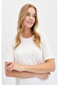Resim Kadın Sıfır Yaka Flamlı Kumaş Penye Tshirt Ekru Ekru 