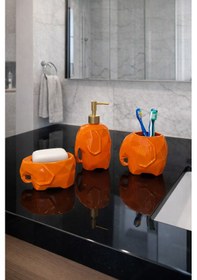 Resim Fil Figürlü Seramik 3 Lü Banyo Seti Modern Dekoratif Banyo Aksesuar Seti Turuncu 
