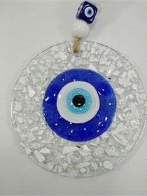 Resim Beyaz Kırıntılı Cam Nazar Boncuğu El Yapımı Duvar Dekoru 13 Cm 