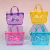 Resim Sevimli Fiyonklu Simli Şeffaf Jöle Mini Çanta - Kadınlar için Yüksek Kaliteli Sentetik Malzemeden Kompakt Cüzdan, Taşınabilir Makyaj ve Kulaklık Kesesi Sağlam Saplı, 4 Renk (Mor/Sarı/Pembe/Mavi), Bozuk Para Cüzdanı | Eğlenceli Çanta | Süslemeler 