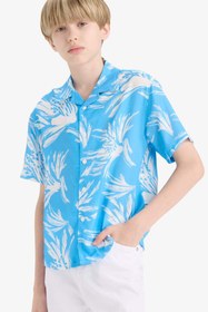 Resim DeFacto Oversize Geniş Kalıp Polo Yaka Desenli Viskon Kısa Kollu Gömlek Erkek Çocuk F5675A825HS 