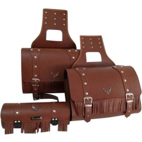 Resim MOTOANL Motosiklet 4'lü Set Takım Deri Yan Heybe Sosis ve Arka Çanta Chopper Kahverengi Model Motor Çantası 