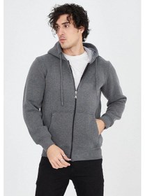 Resim Barlashive Erkek 3 İplik Pamuklu Fermuarlı Kapüşonlu Kanguru Cepli Hoodie Hırka Sweatshirt - Füme Çok Renkli 