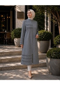 Resim Modern Hakim Yaka Tesettür Kap Çilek Kumaş Rahat Kesim Gri 