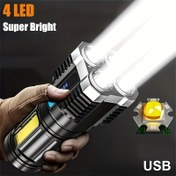 Resim 1 adet güçlü 4 LED el feneri ile COB yan ışık, 4 modlu USB şarj edilebilir flaş, ABS el feneri, kamp araçları 