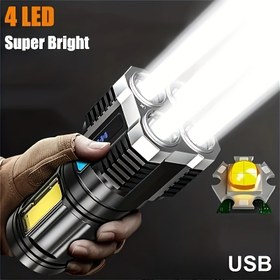 Resim 1 adet güçlü 4 LED el feneri ile COB yan ışık, 4 modlu USB şarj edilebilir flaş, ABS el feneri, kamp araçları 