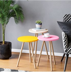 Resim interGO Renkli Üçlü Zigon Sehpa Ahşap Ayaklı Yuvarlak Pastel Tasarım Sarı Krem Pembe 