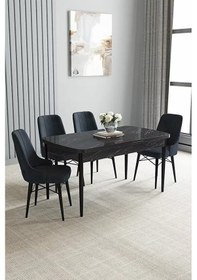 Resim Loft Siyah Mermer 80x132 Açılabilir Mdf Masa Yemek Odası Takımı, Mutfak Takımı 4 Adet Sandalye Antrasit 