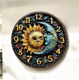 Resim Güneş Ay Kabartma Görünümlü Renkli Baskı Desenli Sayılı Hediyelik Ahşap Sessiz Duvar Saati 50cm ÇOk Renkli 