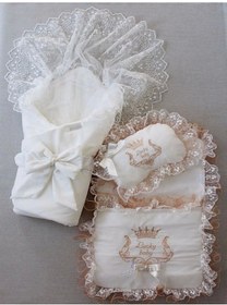 Resim Yenidoğan Nil Taç Nakışlı Kundaklı Trilüks 3lü Alt Açma Seti Bej Bej 