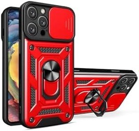 Resim İphone 14 Pro Kılıf Sürgülü Kamera Korumalı Yüzüklü Stand Olabilen Magnetic Tpu Tank Kapak Kırmızı 