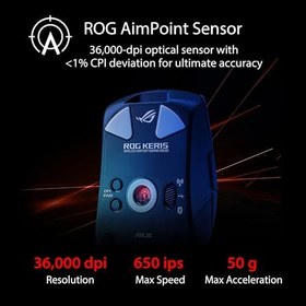 Resim ASUS ROG Keris Kablosuz AimPoint Oyun Faresi, Üç modlu bağlantı (2,4 GHz RF, Bluetooth, Kablolu), 36000 DPI sensör, 5 programlanabilir düğme, ROG SpeedNova, Değiştirilebilir anahtarlar, Paracord 
